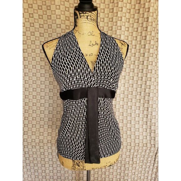 Women's Black and White Satin Halter Top Stretch Dressy Blouse Large - Picture 2 of 7